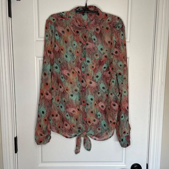 Kut From The Kloth Women's Peacock Print Semi-Sheer Tie Button Up Shirt‎ Size L - Picture 3 of 11
